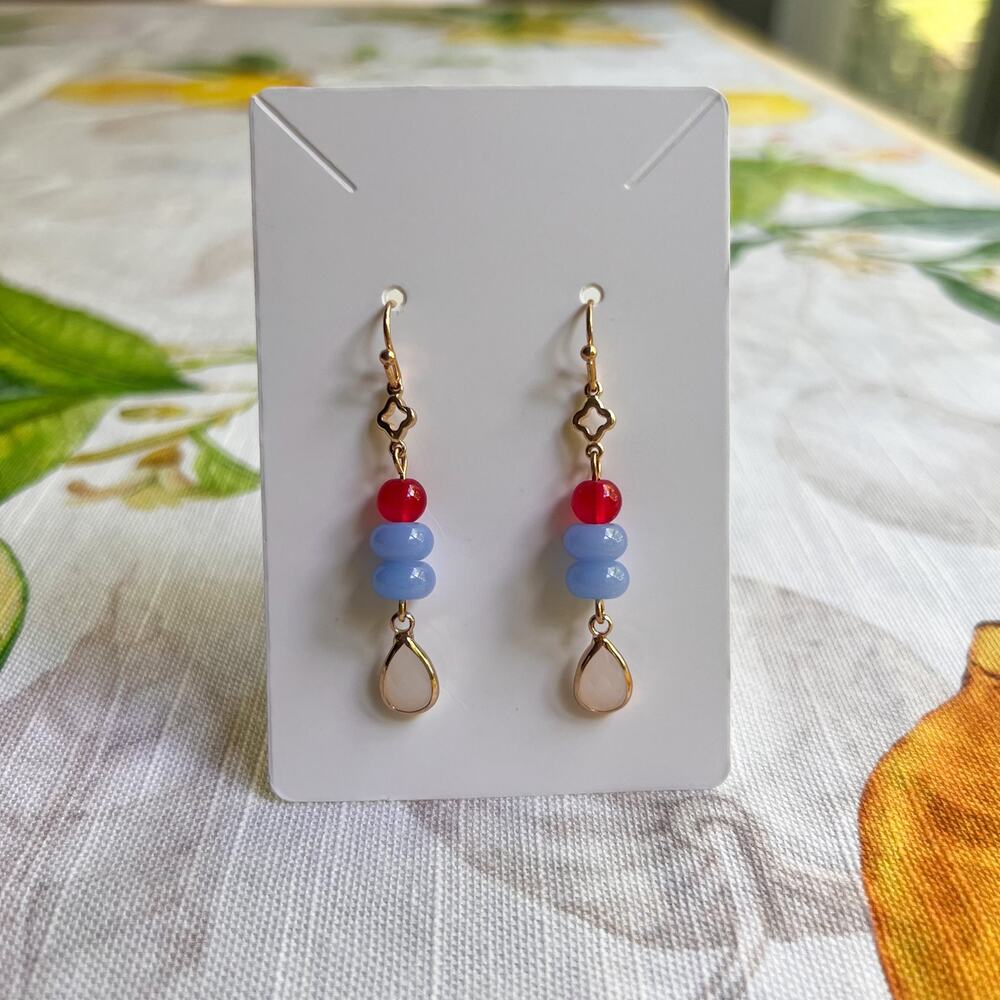 Red White Blue Jade Colorful Clover Charm Casual Boho Teardrop Earrings